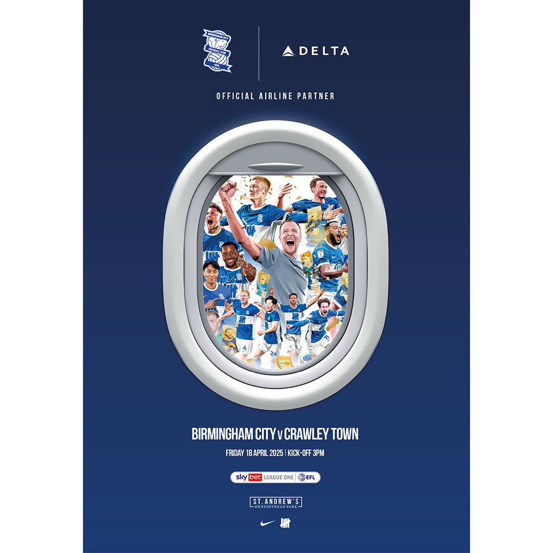 Match-day publication cover featuring a collage of Birmingham City players inside a stylized airplane window, indicating a match against Crawley Town.