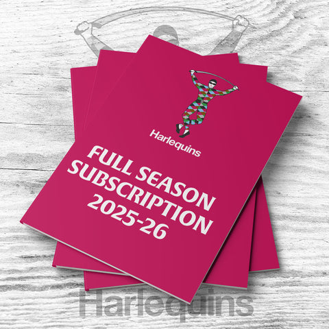 Stack of pink books with Harlequins branding on a wooden surface