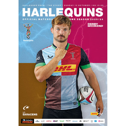 Harlequins rugby player in a multicolored jersey with event details on a colorful background